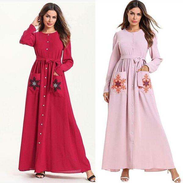 

2019new embroidery flowers muslim abaya arab fashion muslimah robes syari full length muslim dresses robe ramadan abaya dropship, Red