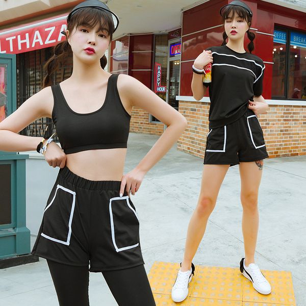 

korean-style spring and summer short sleeve fat mm yoga clothes four-piece set-women's slimming gym running morning sports cloth