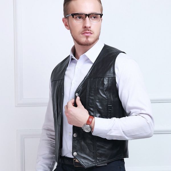 

mens genuine leather sleeveless jacket male multi pockets pescaria vest pgraph camera waistcoat plus size m-5xl, Black