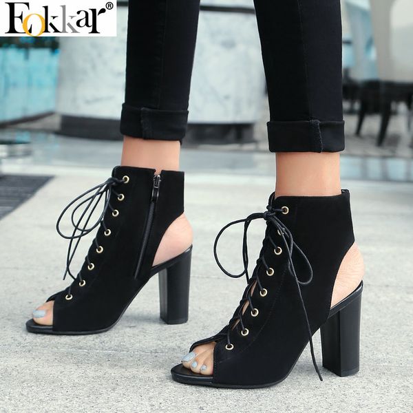

eokkar 2019 women summer boots peep toe square high heel lace up slingback women pumps ladies gladiator shoes size 34-43, Black