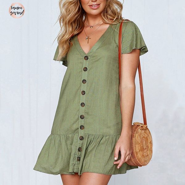 

solid mini dress casual v neck short sleeve buttons women new summer dresses cotton white dress female vestidos, Black;gray