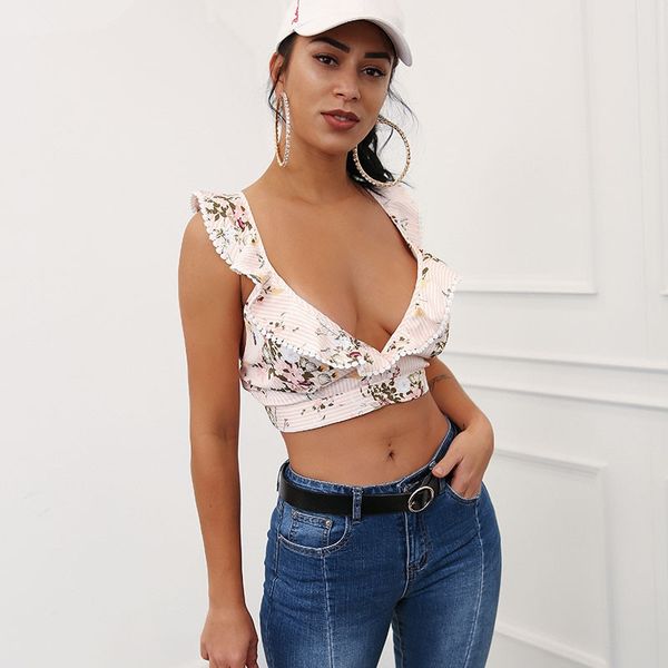 

Elegant Ruffle Stripe Print Tank Top Sexy V Backless Summer Crop Top Cami Women Lace Up Casual Camisole Tank Blouse