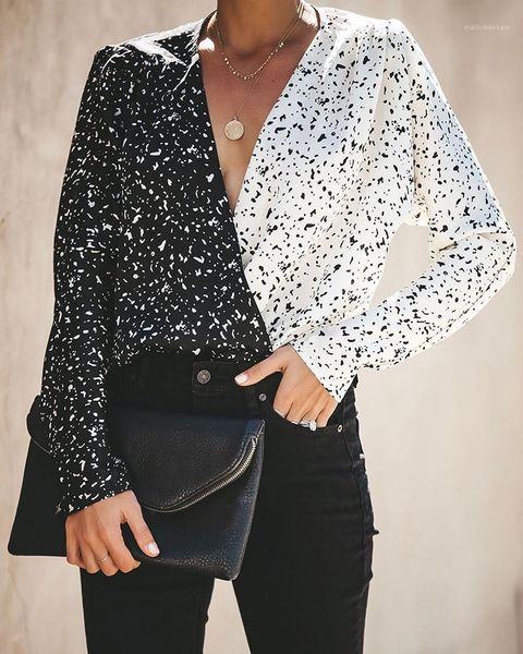 

designer slim printing long sleeve designer blouses shirts fashion women clothing contrast color women v neck shirt, White