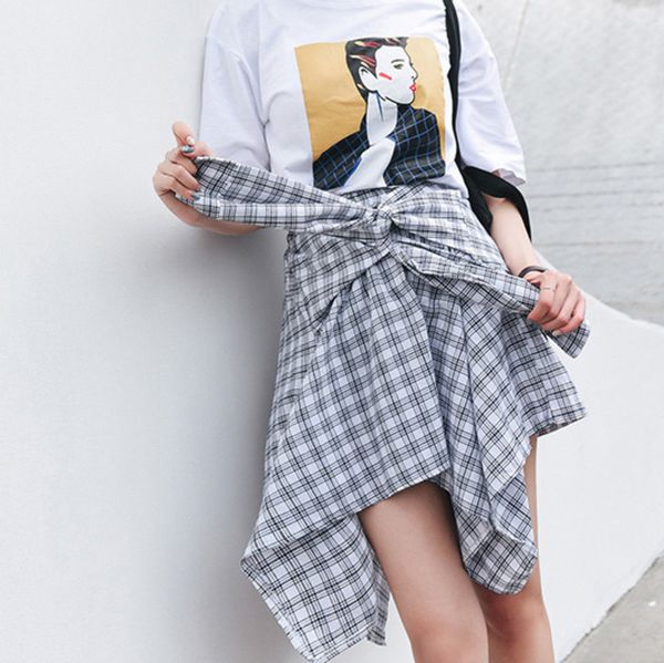 

deat 2019 new summer fashion tide black plaid irregular high waist elastic lace-up vintage woman kn-ee-length skirt sa336