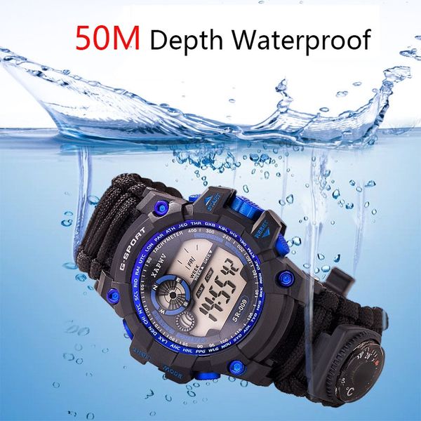 

outdoor survive watch emergency with night vision 50m waterproof paracord knife compass thermometer whistles first aid kits survival bra
