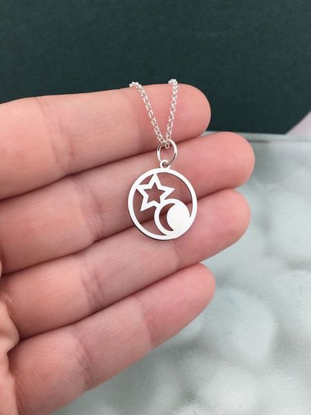 

geometric circle dainty crescent moon star necklace cosmic star sun minimalist half moon necklace chain pendant jewelry accessory gift, Silver