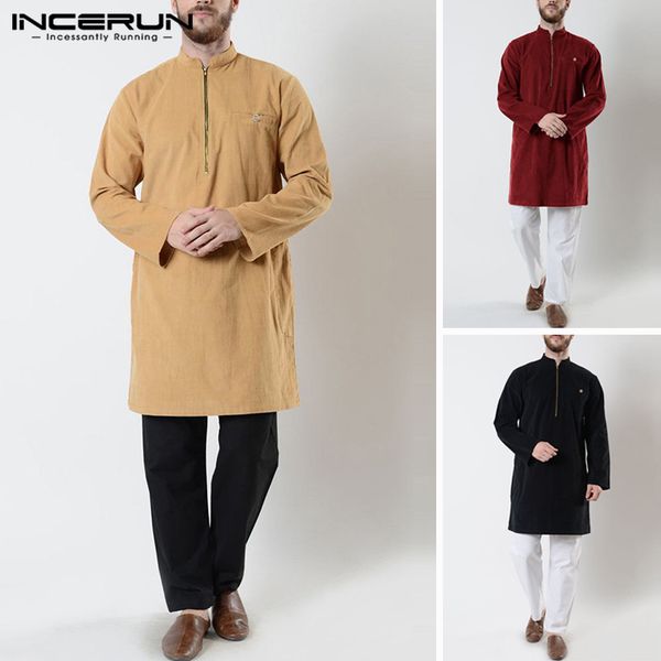 

incerun men shirts long sleeve zippers 2019 stand collar muslim clothes vintage solid casual long shirts men kurta suit, White;black