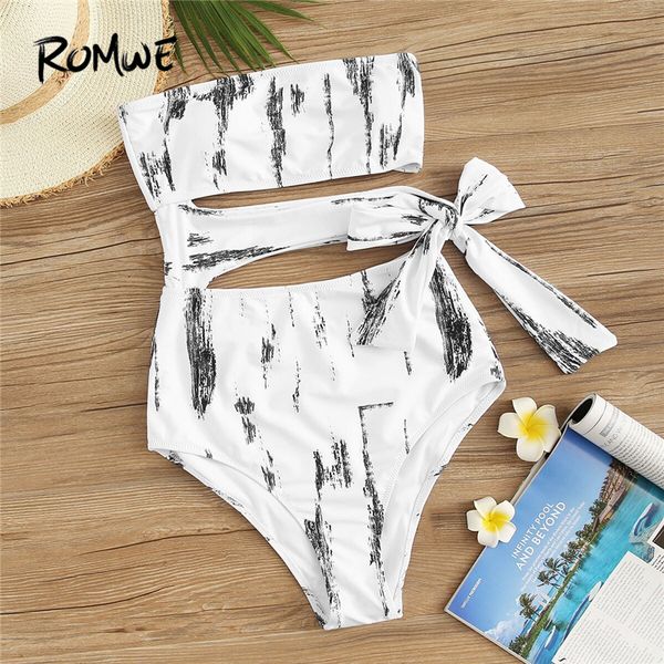 

sport bikinis set cut-out side knot bandeau one piece swimwear women summer beach vacation 2019 wire swimsuit, White;black