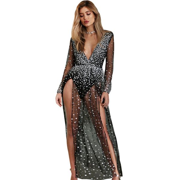 

Fluorescent Split Women Dress Deep V Neck Sequins Sheer Sexy Dresses Club Long Black Dress Female Clothing