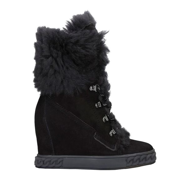 

winter black suede leather ankle boots 8cm height increasing ankle boots plush inside warming women snow boots high wedge fashion shoes