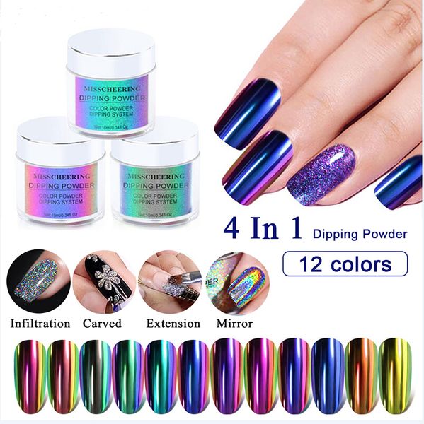 

10ml 4in1 infiltration/carved/extension/mirror powder dipping system cure dry mirror effect glitter nail art pigment manicure, Silver;gold