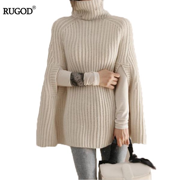 

rugod 2018 autumn winter fashion women turtleneck long sleeve poncho loose knitting pullover women's long sweater pull femme, Black