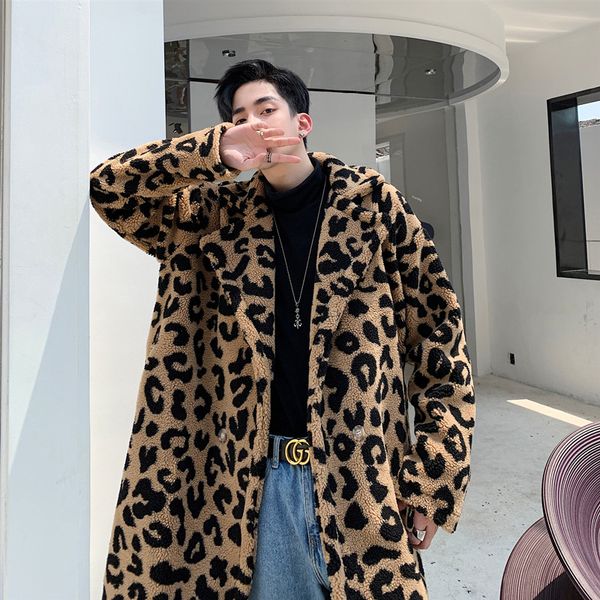 

leopard pink lamb fur coat men winter fashion fur coat men's clothing male overcoat casual coats long trench streetwear, Black