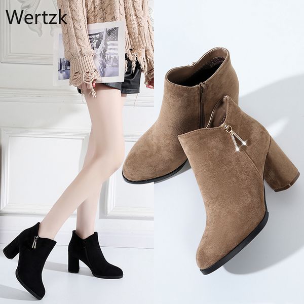 

2019 women ankle boots metal decoration fashion ladies square heels flock shoes slip-on ankle shoes bota femenina b228, Black