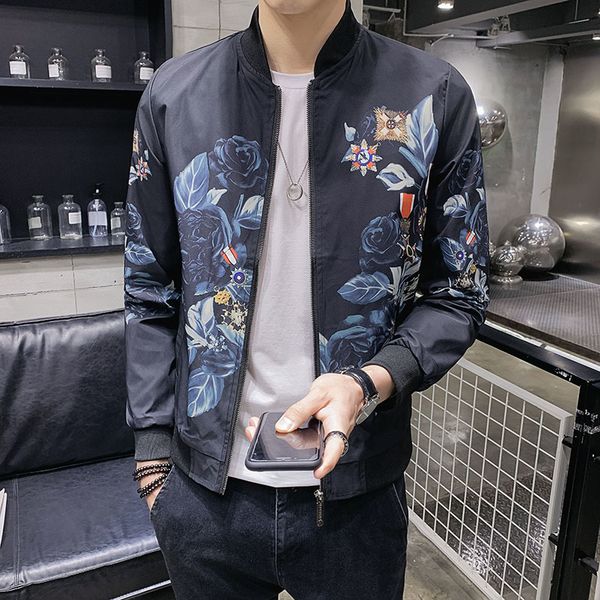 

floral print business bomber jackets streetwear outwear stand collar men's coat clothes fashion casual slim jacket men spring, Black;brown