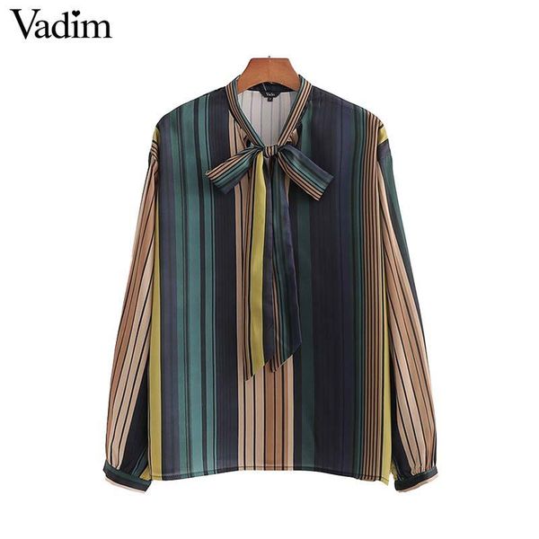 

vadim women chic loose striped blouse bow tie collar long sleeve retro shirt female stylish office wear blusas lb782, White