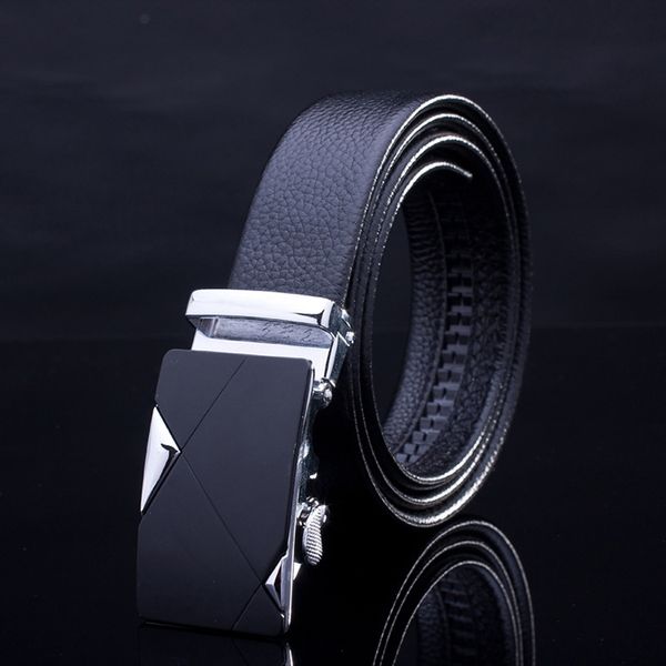 

qwjzq layer cowhide business men's buckle belt cowhide business men's leather automatic litchi pattern edge covered alloy leather, Black;brown