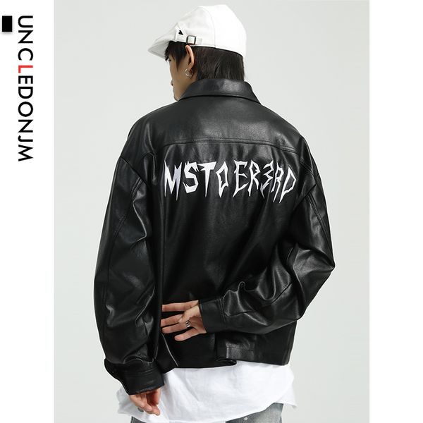 

uncledonjm autumn winter casual zipper pu leather jacket motorcycle leather jacket men loose fit mens jackets and coats b9963, Black