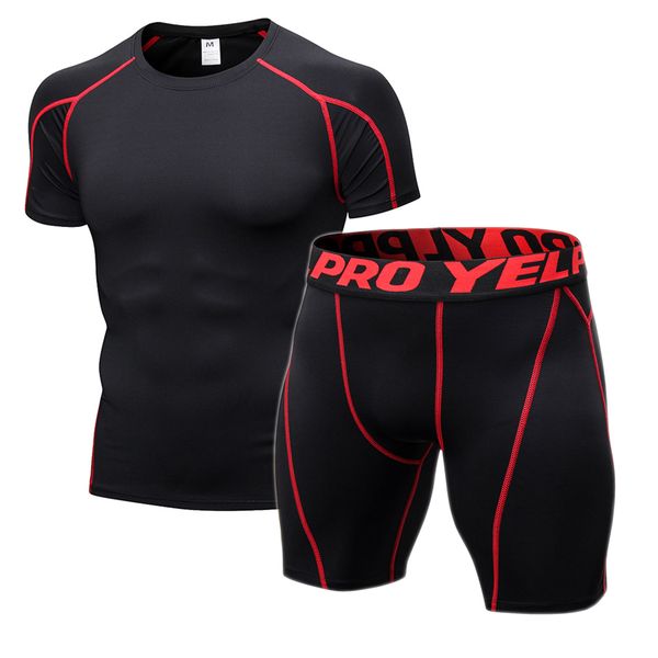 

compression gym tight clothing men jogging suits sports sets fitness clothes black tights running t shirt shorts workout wear, Black;blue