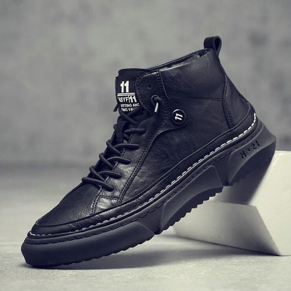 

spring new men fashion high sneakers men leather shoes zapatos hombre casual shoes a57-61, Black
