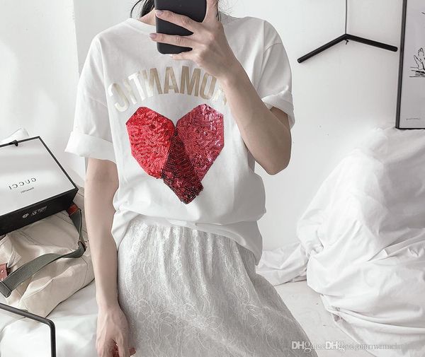

fashion sequins t-shirt for womens summer letter printed short sleeve girl clothing casual couple tees, White