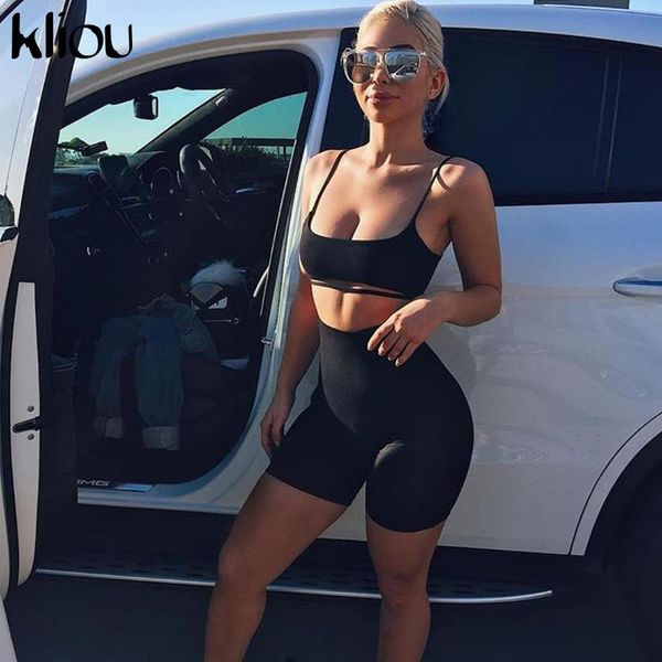 

kliou 2018 summer women suit two 2 piece set sleeveless strapless casual sporting suit set solid shorts pants tracksuit, White