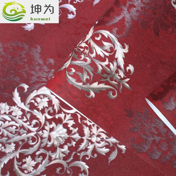 European Luxury 3d Stereo Red Deep Damascus Pattern Dark Wallpaper Wedding Room Living Room Bedroom Hotel Background Wall Mural Wallpaper Hd I