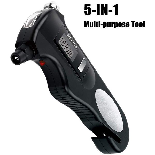 

5-in-1 digital tire pressure gauge,150psi with multi-functional rescue tools of led ,bottle opener for cars and motorc
