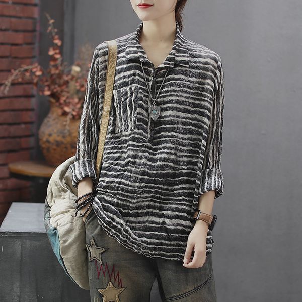 

autumn blouse retro loose casual women tancel linen shirt turn-down collar print striped 2020 new pleated blusas mujer, White