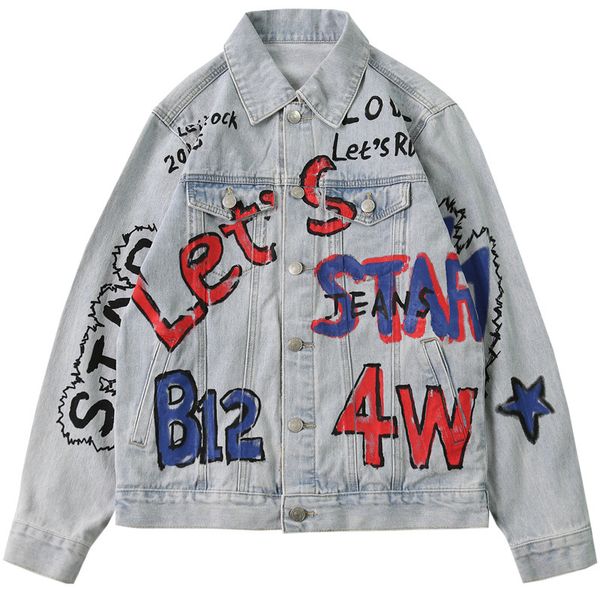 

sokotoo men's hip hop letters printed jean jacket loose trendy streetwear denim coat fashion outerwear, Black;brown