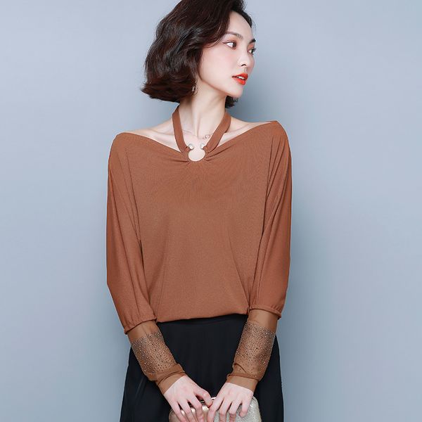 

2019 new women shirts full sleeve loose patchwork mesh heavy drilling hanging neck western style goods blouse shirt 1943, White