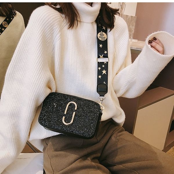 

small black package luxury bag woman 2019 tidal baitao oblique broadband straps paillette small square package handbags