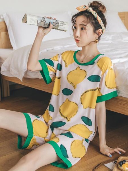 

lovely printed pajamas women's summer thin short sleeve shorts pajamas set round neck home clothes large multicolor, Blue;gray