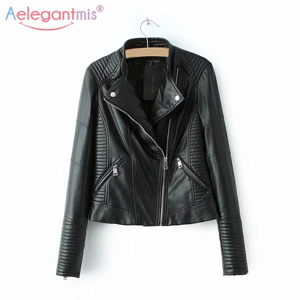 

aelegantmis women classic black motorcycle biker jacket zipper pu leather jacket autumn winter faux soft leather outwear