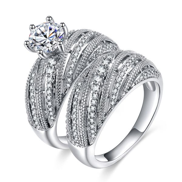 

female big crystal white ring set 925 silver diamond wedding rings for women fashion bridal engagement ring, Slivery;golden