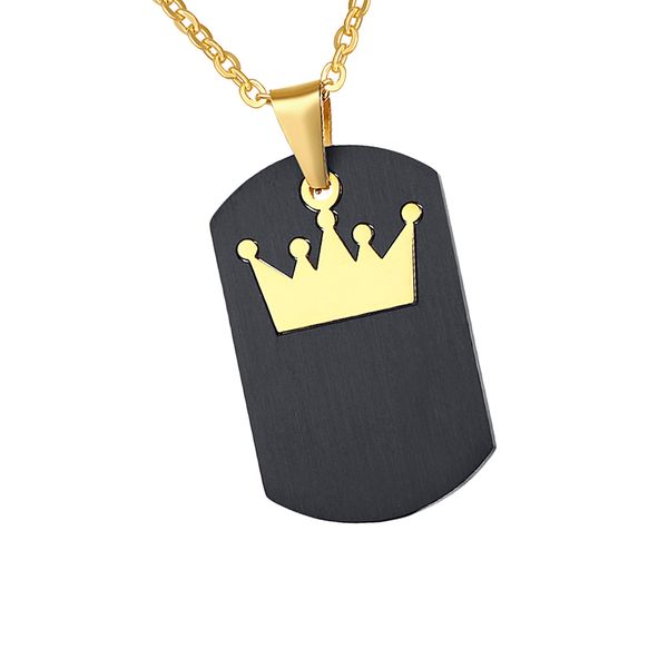 

men women black stainless steel dog tag king queen crown pendant necklace, Silver
