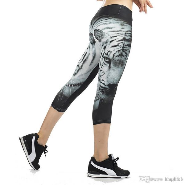 

women yoga trousers pants tights trousers female high waist dance active capris black tiger print printing cropped leggings skinny silm, Black;white