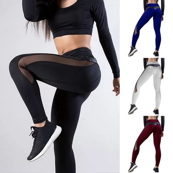 

women solid fitness gym legging mesh patchwork work out yoga pants elastic breathable sport leggings mallas deporte mujer, White;red