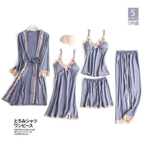 

new 5 pcs women pajamas sets with pants pyjama satin silk nightwear lace sleepwear pyjama pijama femme underwear -xl, Black;red