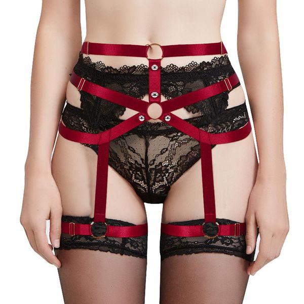 

red garter belt strappy women waist leg stockings suspender caged punk gothic plus size elastic dance bedroom body harness, Black;white