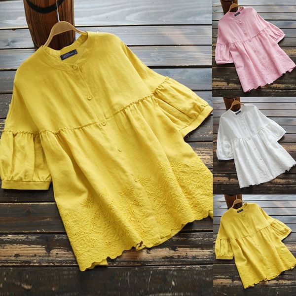 

elegant embroidery blouse 2020 zanzea women's summer casual half sleeve shirts femael hollow button blusas oversized tunic, White