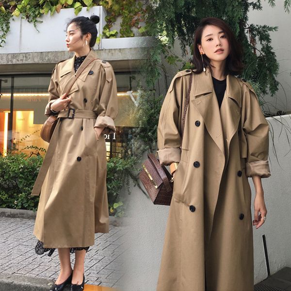 

spring autumn luxury office ladies double-breasted long trench coats classic loose plus size women trench windbreak outerwear, Tan;black