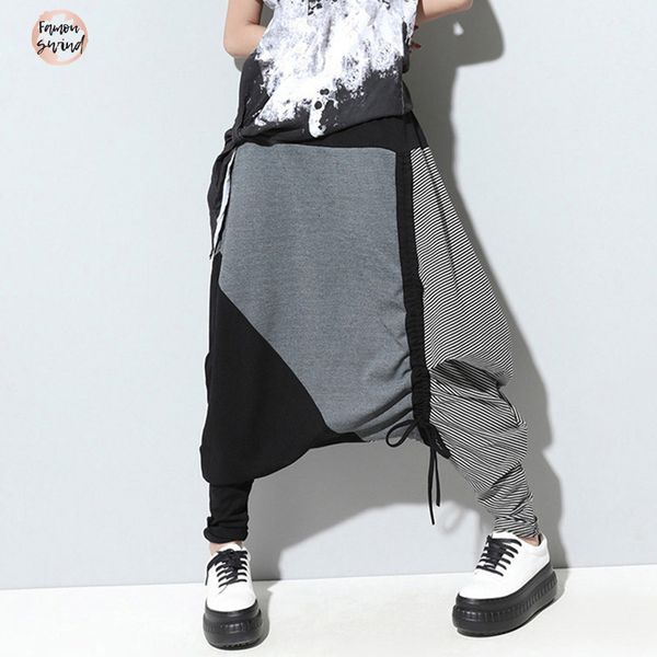 

урожай шаровары женщины повседневная эластичный пояс багги мода длинные шаровары ноги 2019 падение промежность pantalon, Black;white