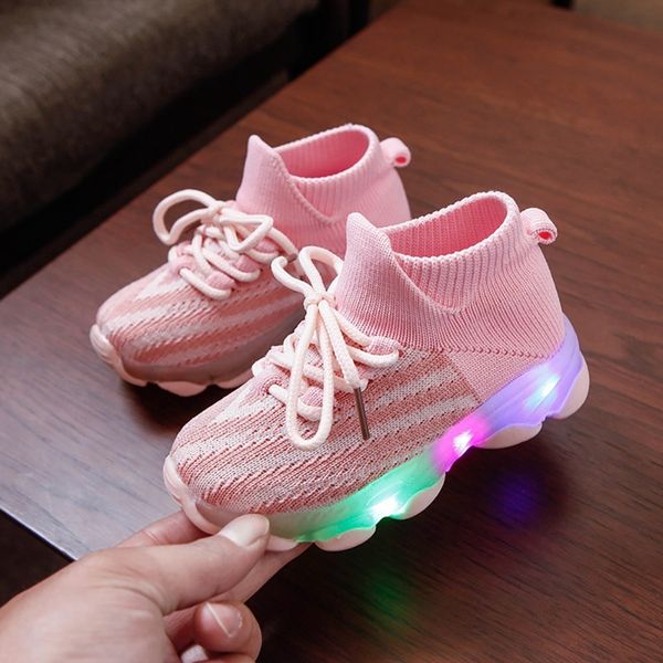 

fashion kids girl boy shoes children casual sneakers breathable led flashing sole lace-up sports shoes, Black;red