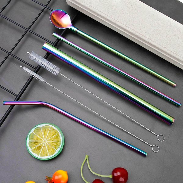 

7pcs/set reusable metal drinking straws stainless steel bent straight drinks straw cleaning brush bar party accessories
