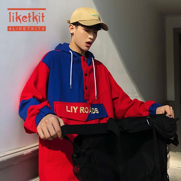 

liketkit 2020 hip hop hooded jackets men color patchwork print harajuku streetwear male japanese vintage fashion spring outwear, Black;brown