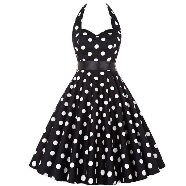

party dress women clothes polka dot dress halter bow hepburn vintage pin up rockabilly dresses robe plus size elegant midi dress, Black;gray