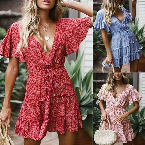 

women elegaht floral dress summer ladies boho beach sundress holiday flare sleeve v neck mini dress high waist lace up dresses, Black;gray