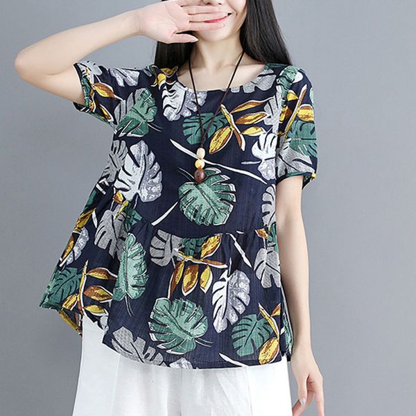 

jaycosin fashion shirts women summer plus size blouses cotton linen printed short-sleeve casual loose vadim clothes 407, White