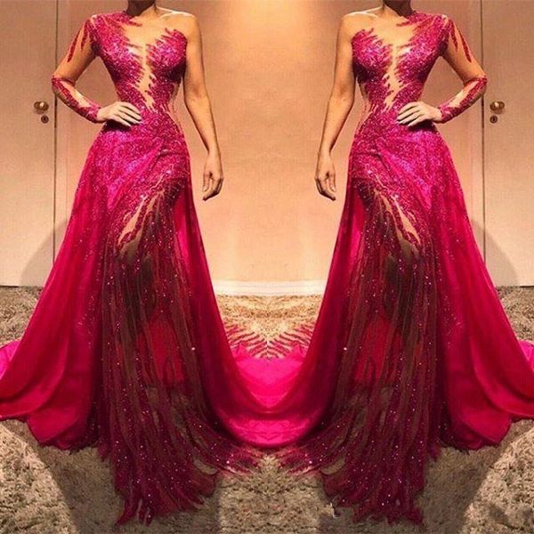 

glitter fuchsia sequin prom dresses 2020 one shoulder mermaid sparkly long sleeves formal evening dress celebrity party gowns custom made, Black